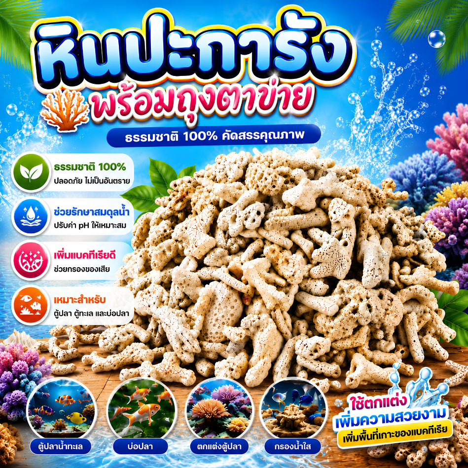 ปะการัง กรองน้ำ หินตู้ปลา วัสดุกรองน้ำตู้ปลาทะเล ตู้ปลาน้ำจืด พร้อมถุงตาข่ายใส่ ราคาถูก ส่งเร็วจากไทย