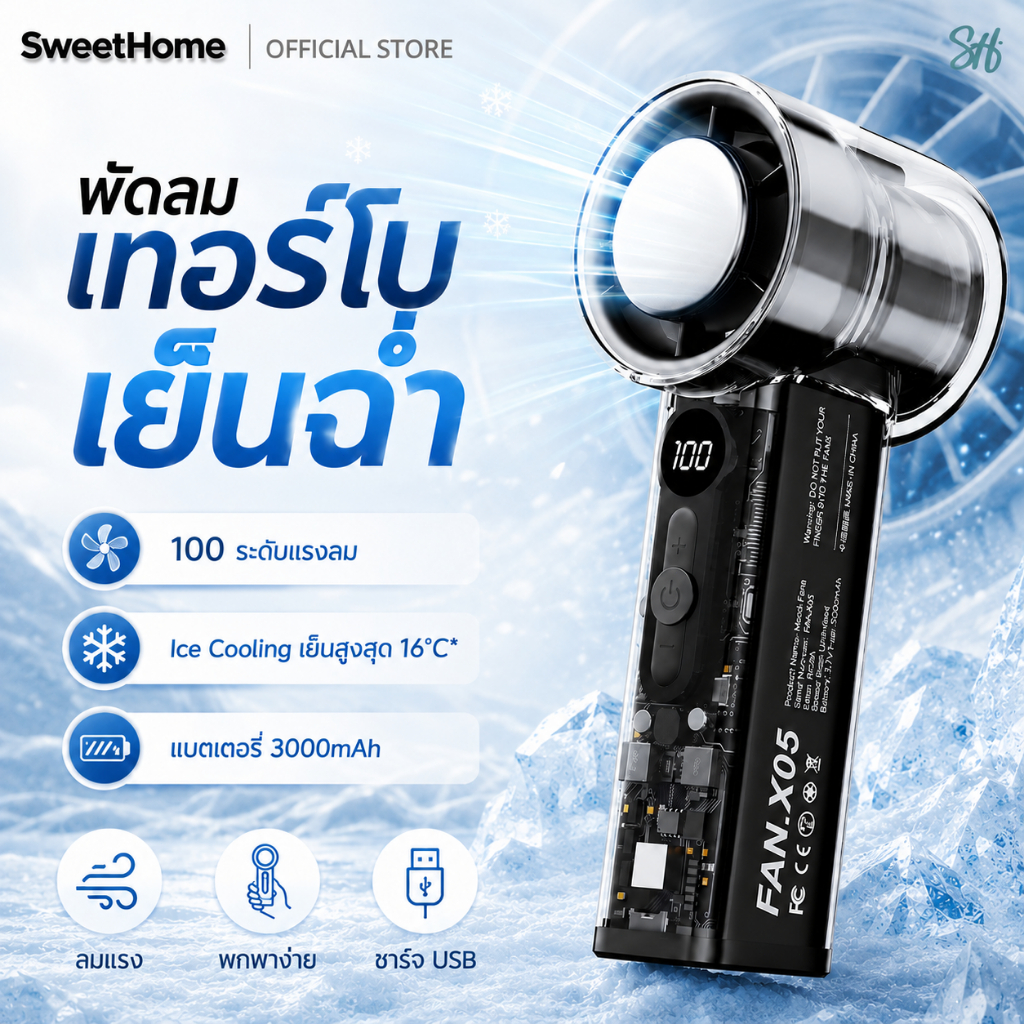 SweetHome พัดลม Ice Cooling เย็นฉ่ำทันใจ พัดลมมือถือเทอร์โบ 100 ระดับ แบต 3000mAh ชาร์จ USB มีจอ LED ขนาดเล็ก พกพาง่าย
