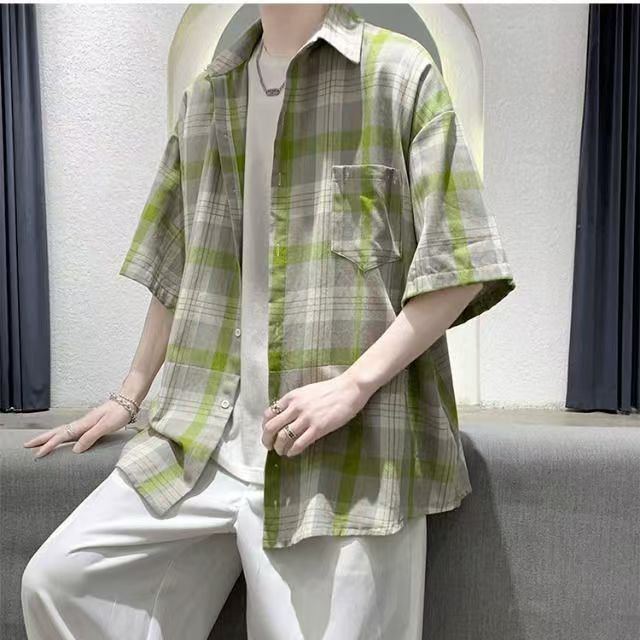 เสื้อลายสก๊อตผู้ชายแขนสั้น，มีสองสีให้เลือก，M-3XL