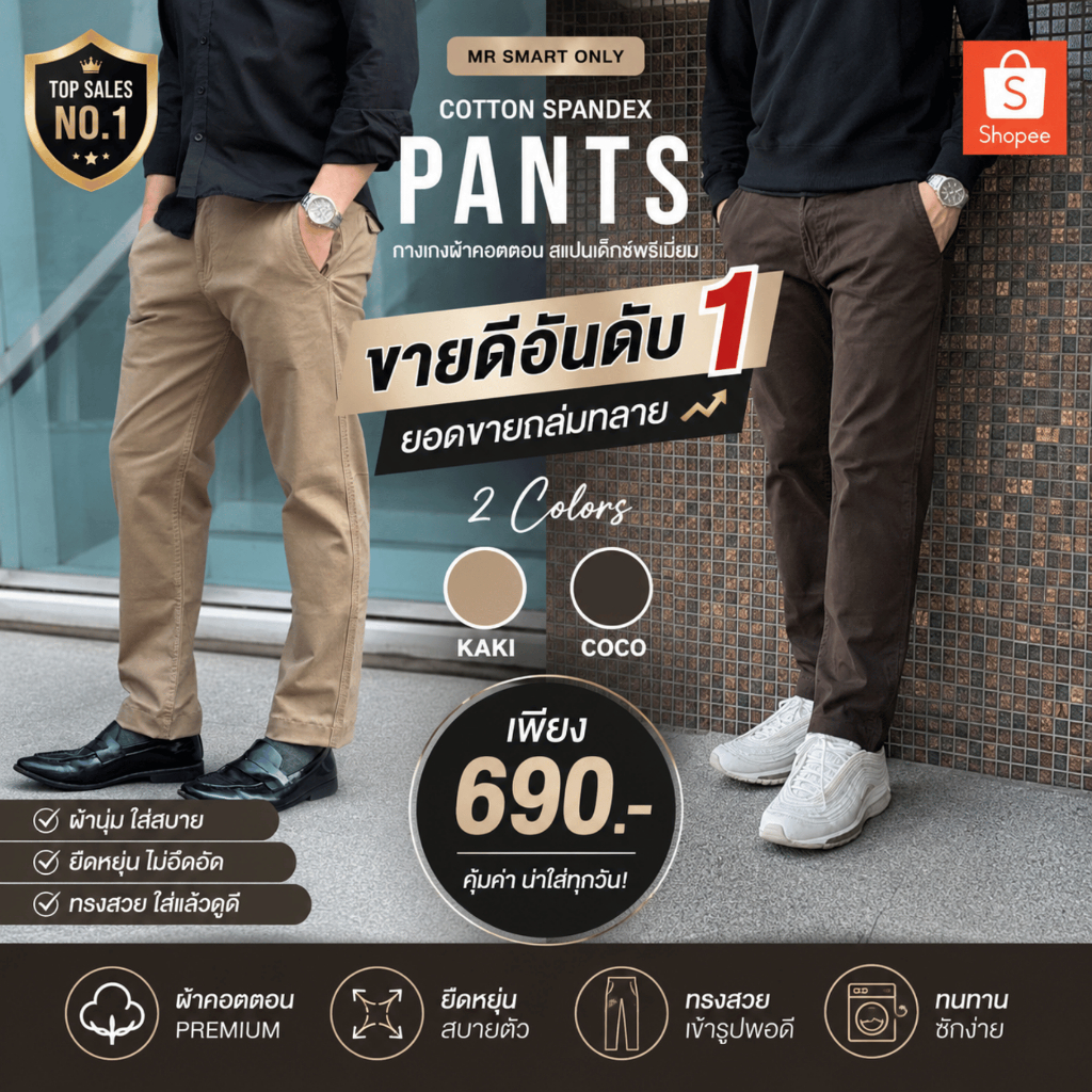 กางเกงชิโน่ขายาว ทรงกระบอกเล็ก ผ้าคอตตอนยืด 6416 คุณภาพเกรดส่งออกนอก พร้อมป้าย MR SMART
