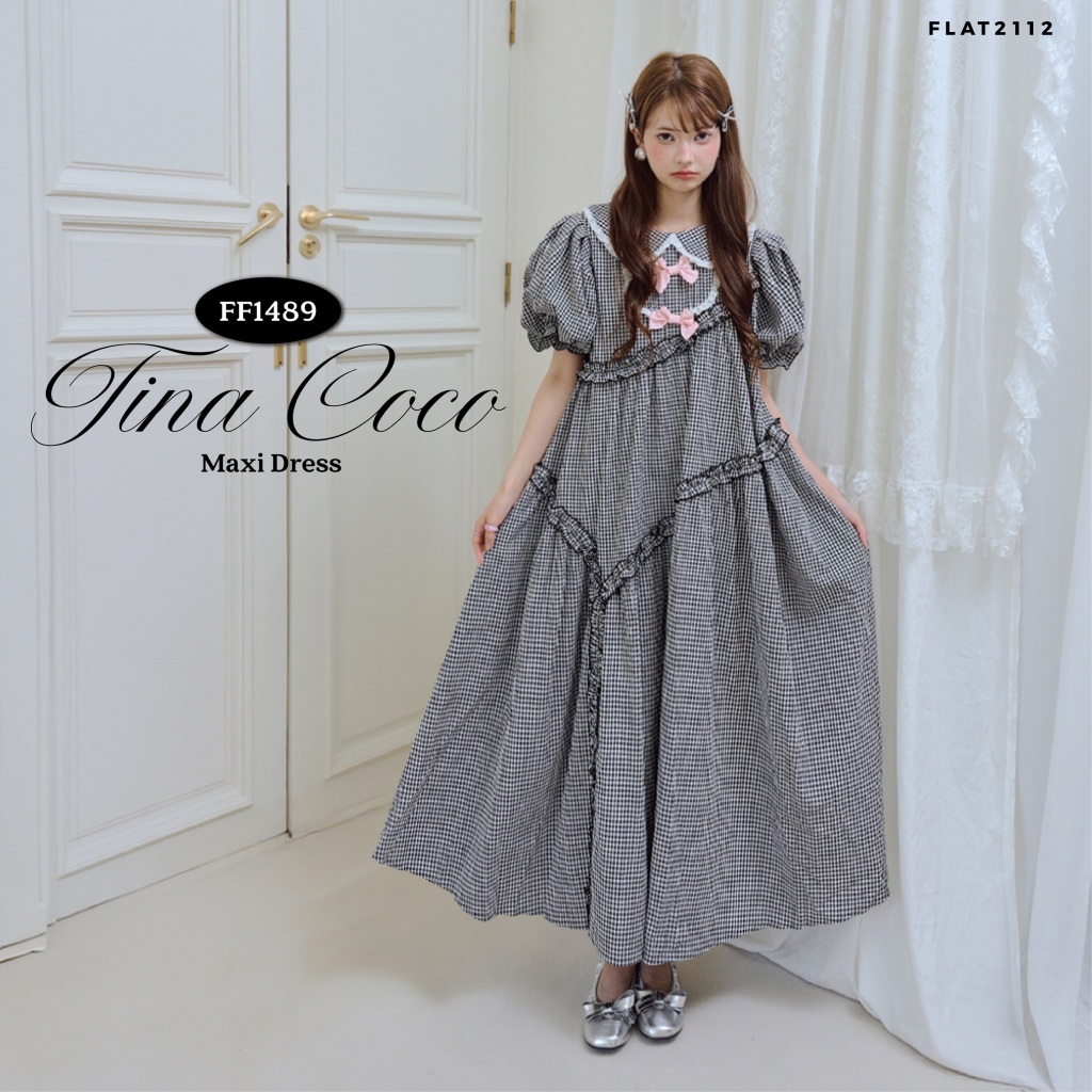 FLAT2112 : TINA COCO MAXI DRESS เดรสยาวลายสก็อตสีดำ เดรสลายสก็อตผู้หญิง เดรสโบว์สีชมพู เดรสแต่งระบายสีขาว (FF1489)