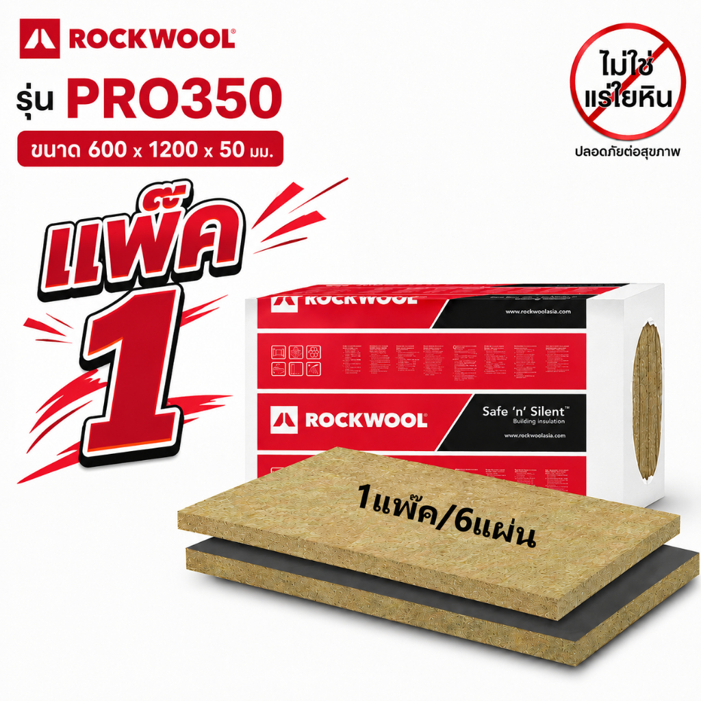 (แพ๊ค 1) Rockwool PRO350 ฉนวนกันเสียง กันความร้อน กันไฟ สำหรับผนัง ห้องเครื่อง อาคาร ความหนาแน่น 60kg/m3