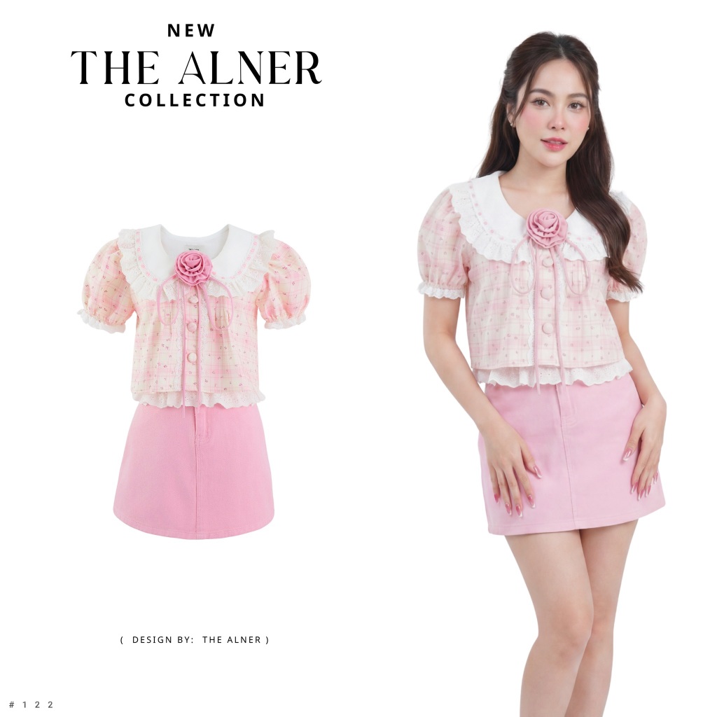 Thealner-AN122 (เซตเสื้อชมพูคอปกแต่งดอกอกแขนตุ๊กตา+กระโปรง)