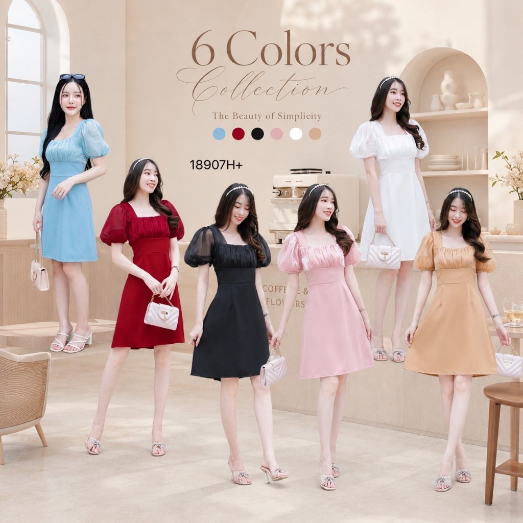 TT18907 เดรสแขนบอลลูน คอเหลี่ยม กระโปรงสีพื้น