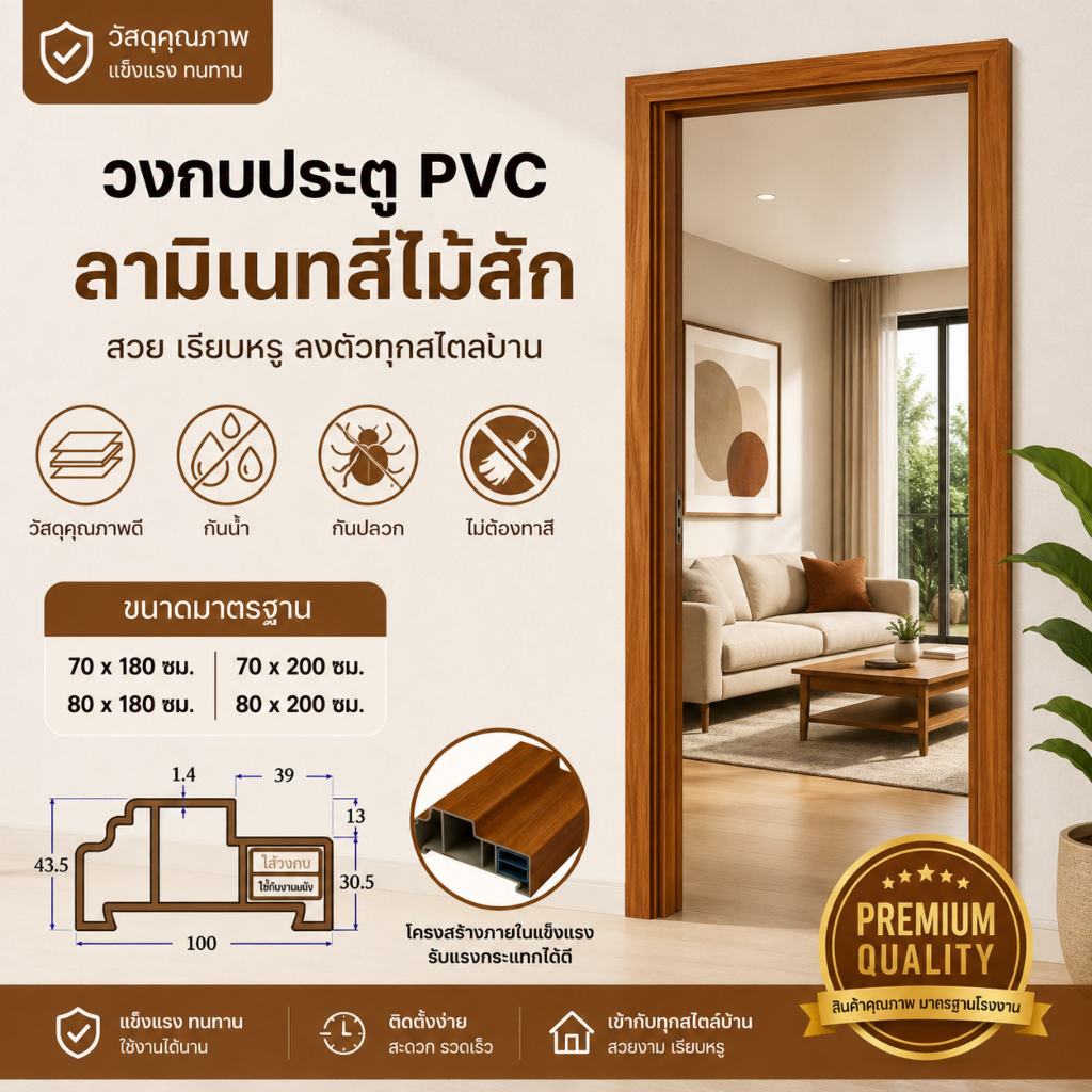 วงกบประตู PVC TOP เคลือบลายไม้สัก สำหรับประตูห้องนอน ห้องน้ำ ขนาด 70x180, 70x200 และ 80x200 cm.
