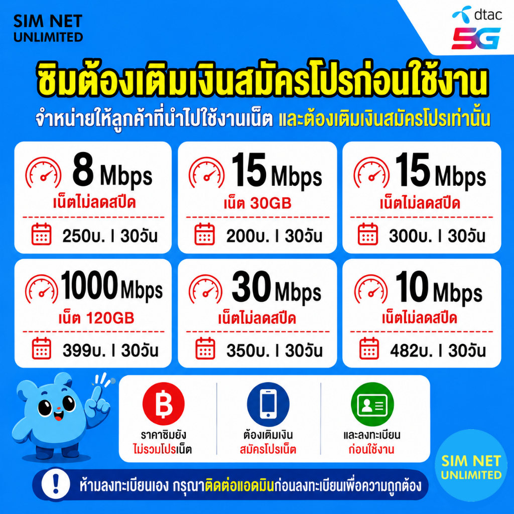 ซิมเทพ dtac เล่นเน็ตไม่อั้น 8Mbps,15Mbps, 30Mbps (ซิมต้องเติมเงินสมัครโปรก่อนใช้งานเน็ต)