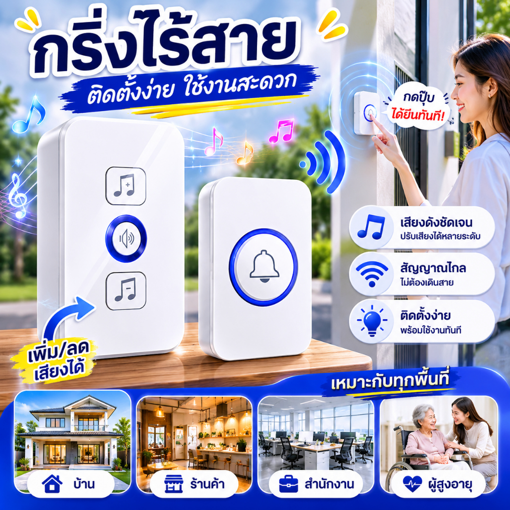 ชุดกระดิ่งประตูไร้สาย nvr กันน้ำได้ พร้อมเสียงระฆัง 62 เสียง 4 ระดับความดังสำหรับบ้านและสำนักงาน