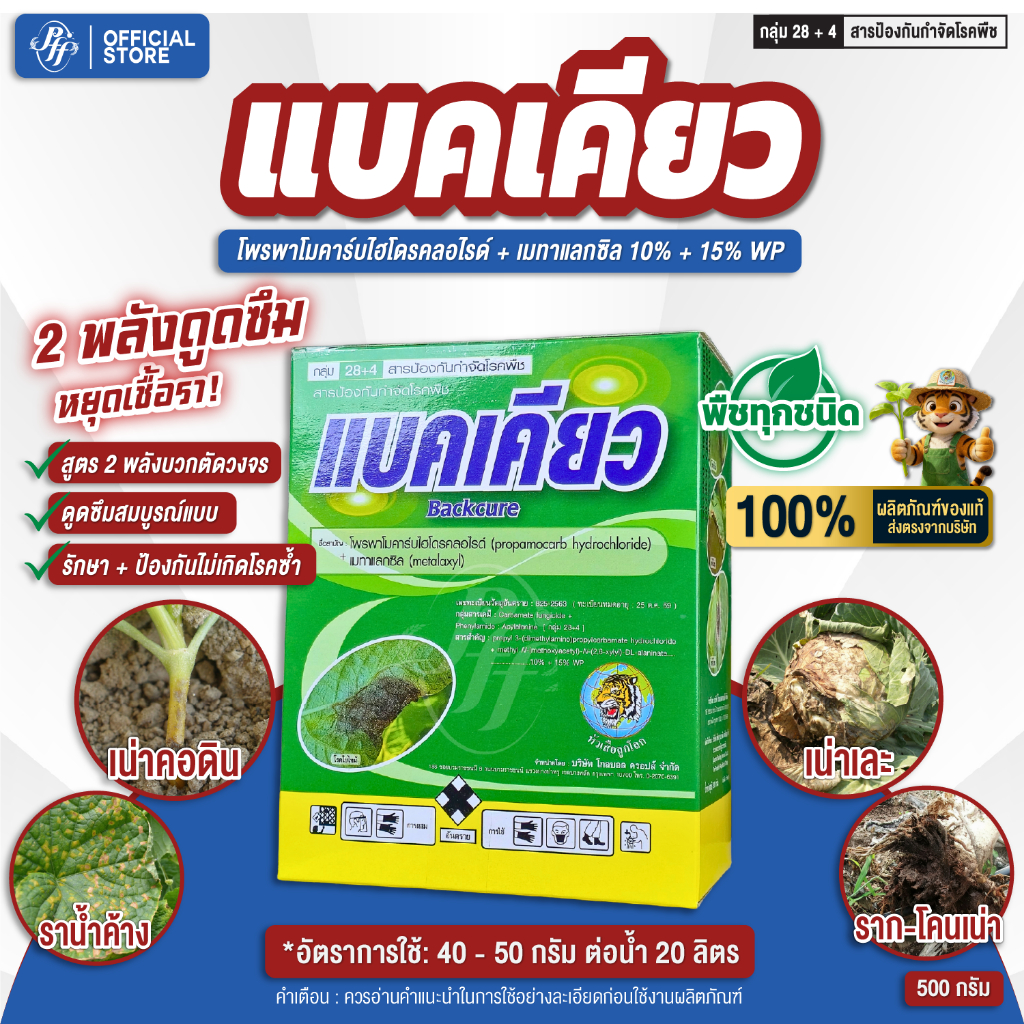 แบคเคียว 500 กรัม โพรพาโมคาร์บ + เมทาแลกซิล สูตรดูดซึม เก่งเชื้อราใต้ดิน รากเน่า โคนเน่า หัวเน่า