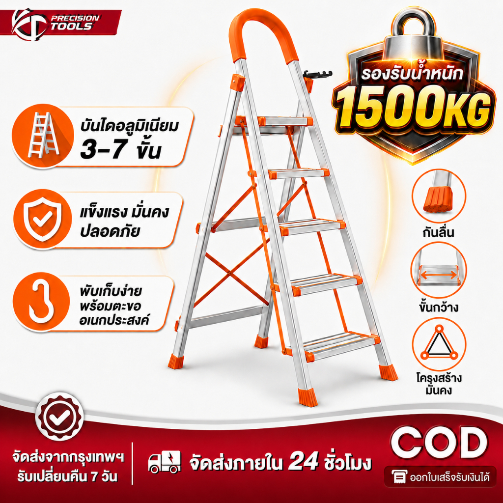 บันไดสแตนเลสพับได้ บันไดอลูมิเนียม บรรไดพับได้ 3/4/5/6/7 ขั้น รับน้ำหนัก 1500KG แข็งแรง กันลื่น พับเก็บง่าย สำหรับบ้าน