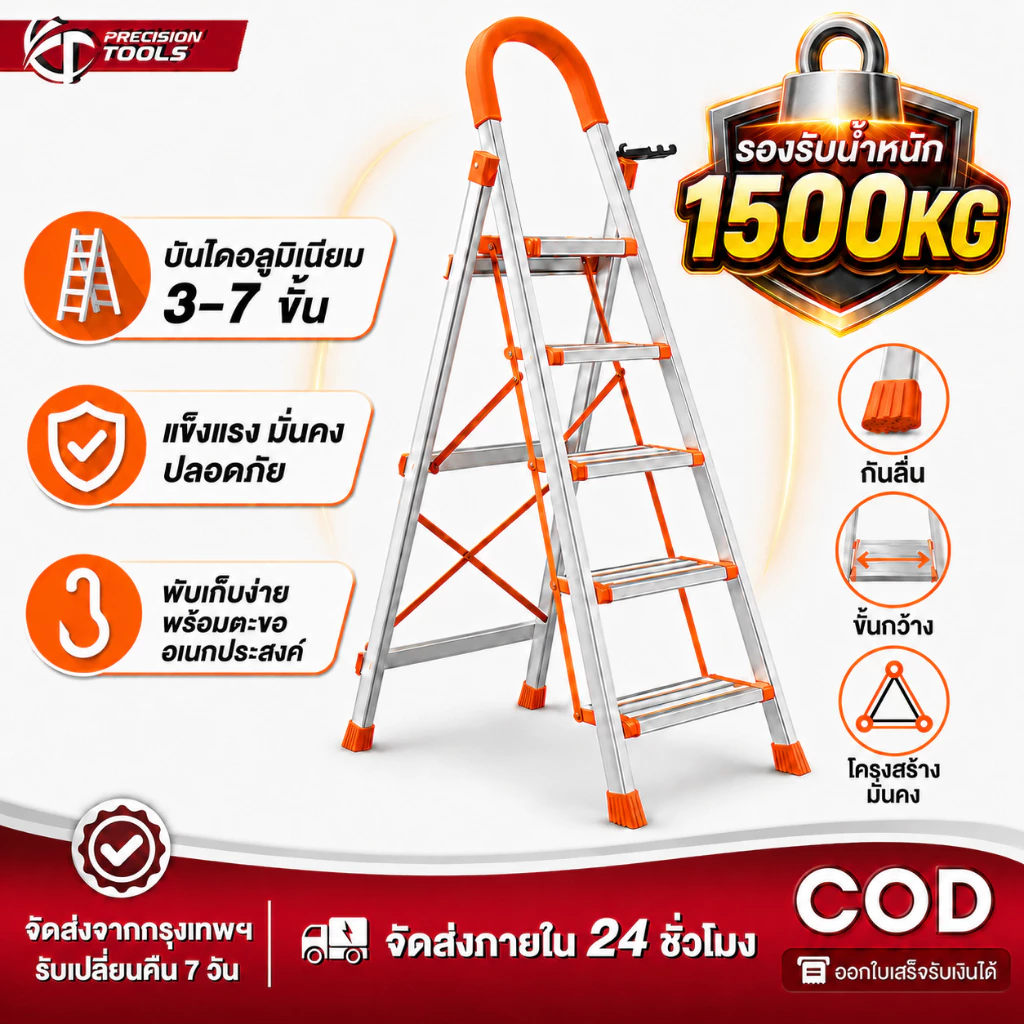 บันไดสแตนเลสพับได้ บันไดอลูมิเนียม บรรไดพับได้ 3/4/5/6/7 ขั้น รับน้ำหนัก 1500KG แข็งแรง กันลื่น พับเก็บง่าย สำหรับบ้าน