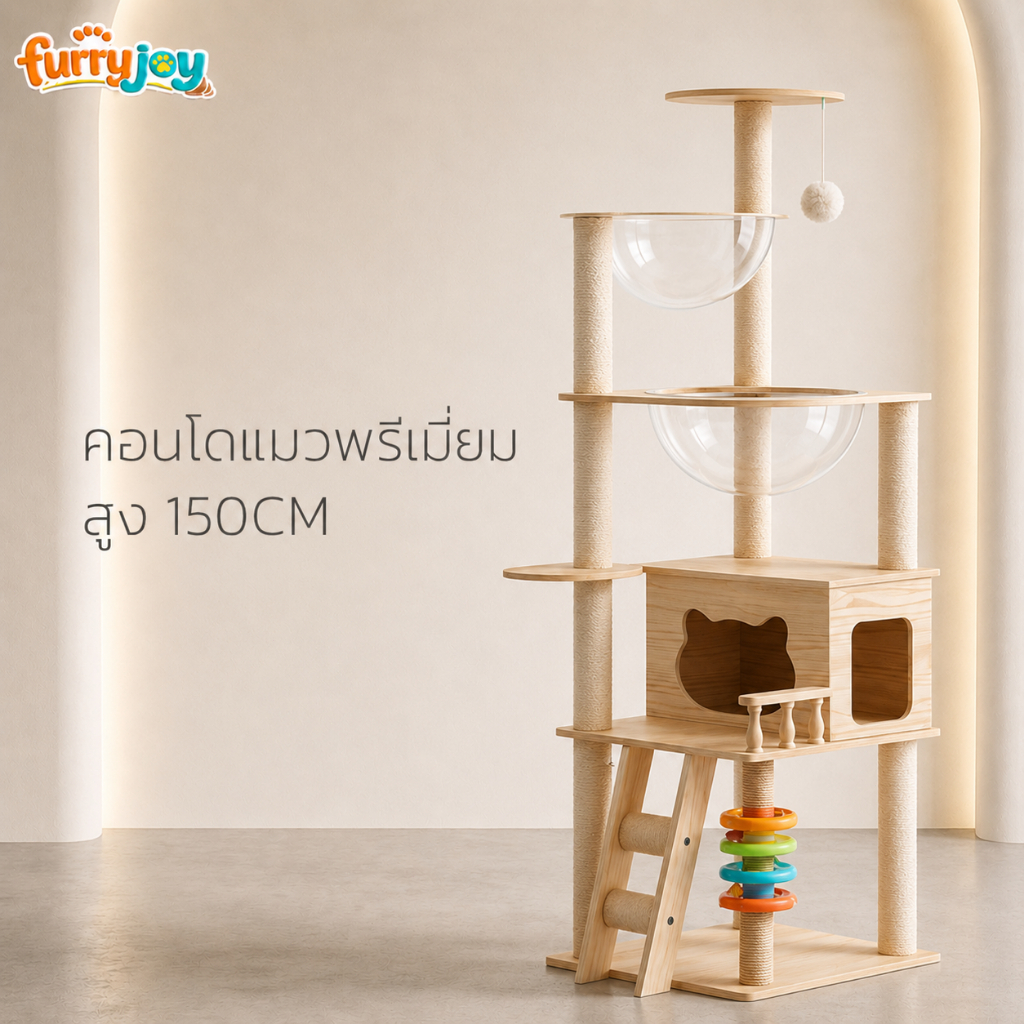 [FurryJoy]คอนโดแมว คอนโดลับเล็บแมว มาพร้อมของเล่นรางบอล เสาผ้ากำมะหยี่ สูง150cm