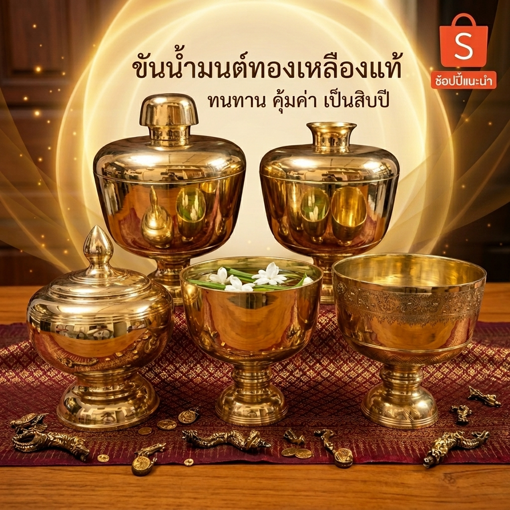 ขันน้ำมนต์ โถน้ำมนต์ พร้อมพานรอง | ภาชนะทำจากทองเหลือง | สำหรับใช้ในพิธีมงคล มีหลายขนาด ขันสแตนเลส