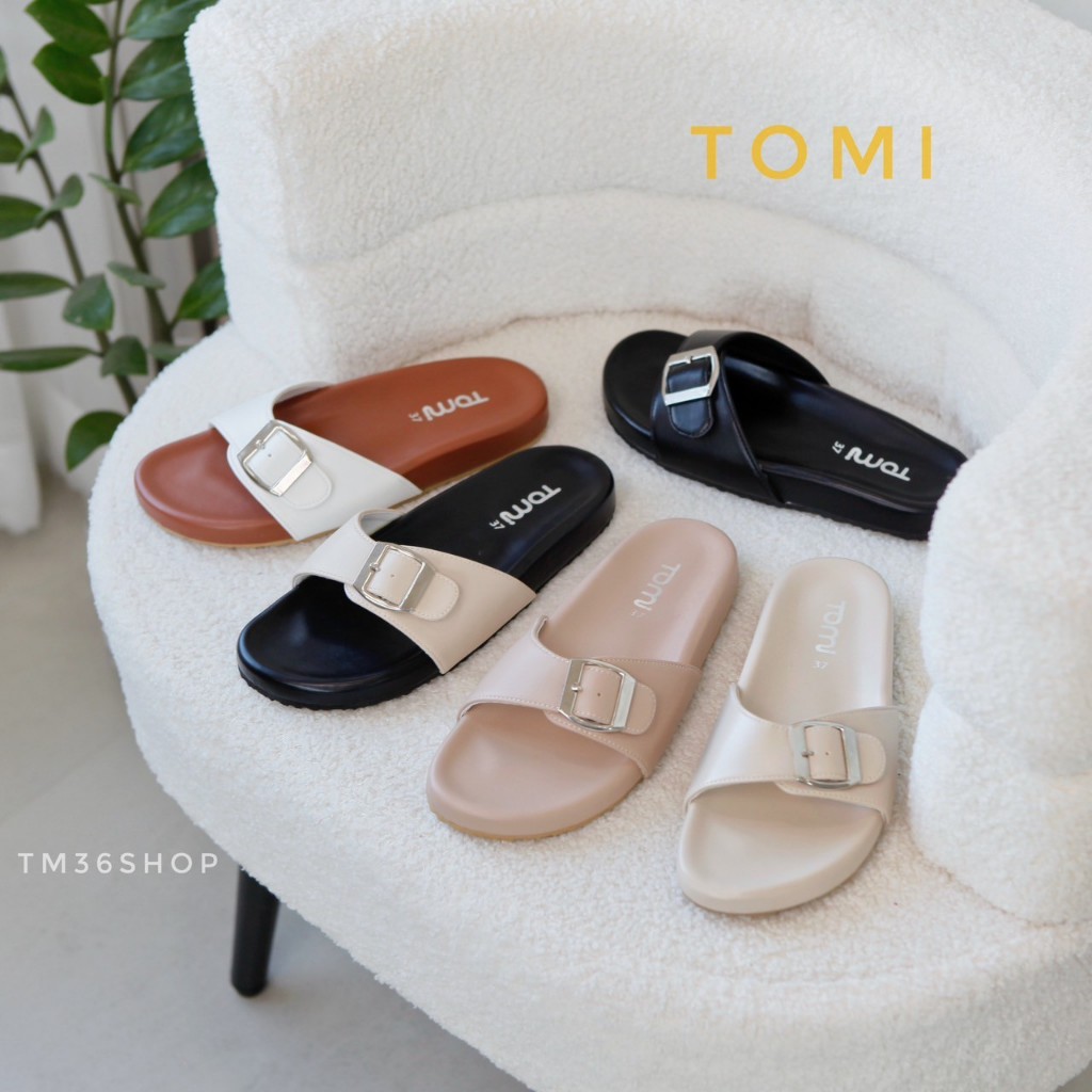 [Tomi] (เท้าอวบ +1 ไซส์)รองเท้าแตะ รุ่นเข็มขัดเดี่ยว พื้นนุ่มใส่สบาย สายพียูหนังนิ่ม/ทรง