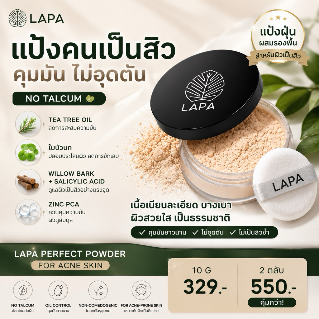 𝐋𝐀𝐏𝐀 𝐏𝐞𝐫𝐟𝐞𝐜𝐭 𝐋𝐨𝐨𝐬𝐞 𝐏𝐨𝐰𝐞𝐫 𝐟𝐨𝐫 𝐀𝐜𝐧𝐞 𝐒𝐤𝐢𝐧 𝟏𝟎𝐠 แป้งฝุ่นลภา ผสมรองพื้น ลดสิว ไม่อุดตัน คุมมัน