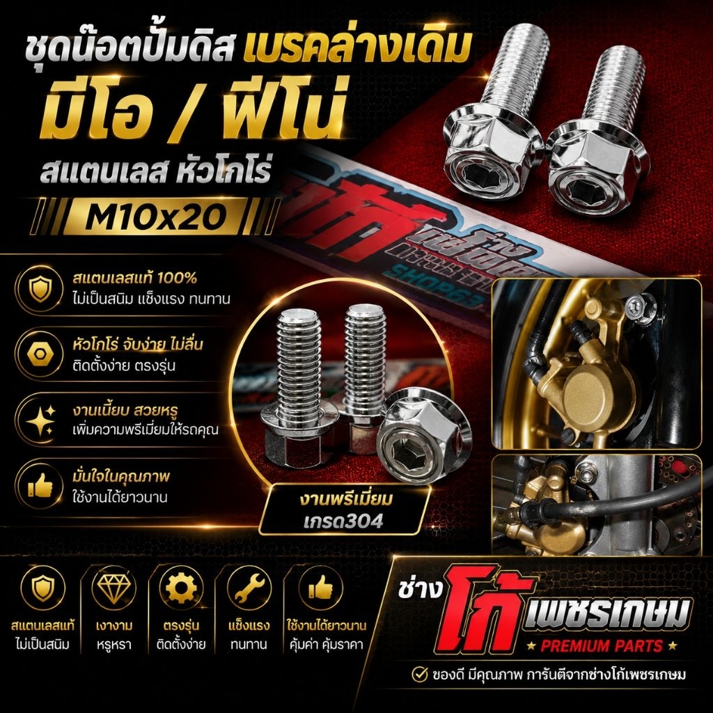 ชุดน๊อตปั้มดิส เบรคล่างเดิม มีโอ / ฟีโน่ สแตนเลส หัวโกโร่ M10x20  เบอร์ 14 ได้ 2 ตัว
