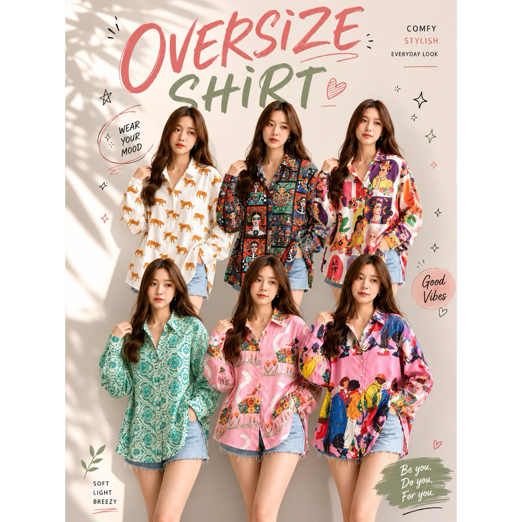 เสื้อเชิ๊ตผ้าพิมพ์ลาย 🎀🦋 คอปก oversized ผ้าพิมพ์ลายคมชัด สวยงาม อก 46“ ยาว 28“
