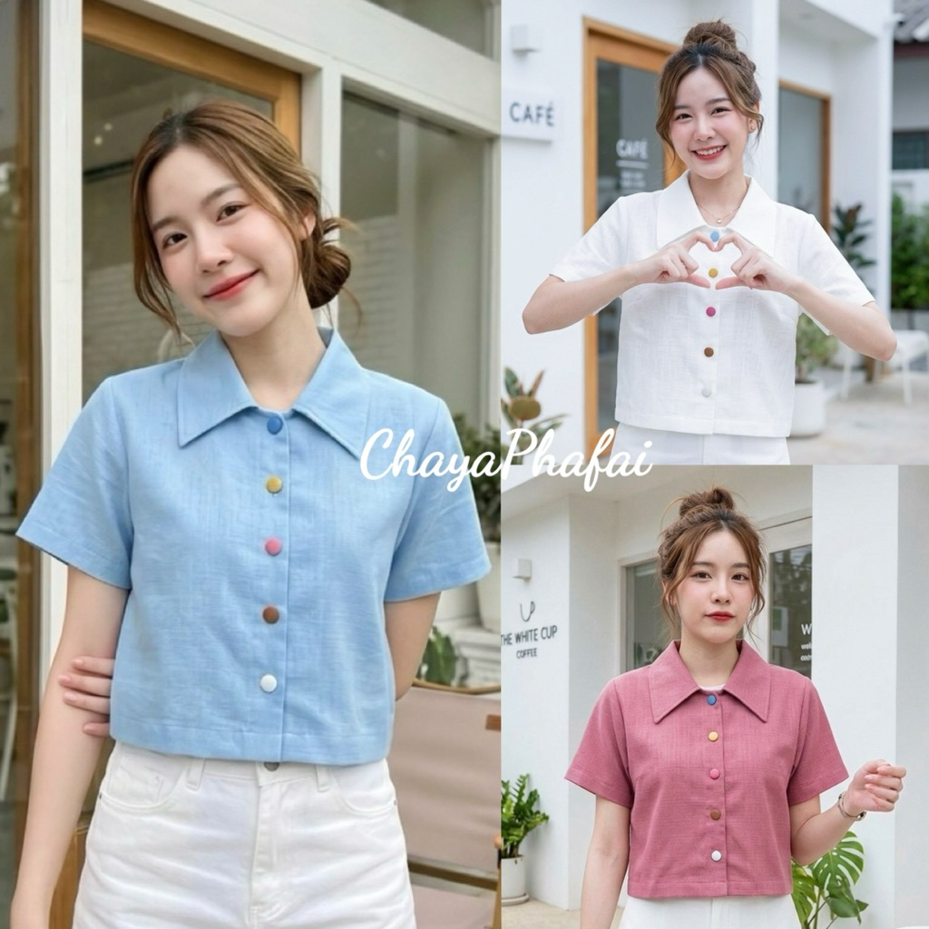 เสื้อผ้าฝ้ายคอปกใหญ่ กระดุมพาสเทล