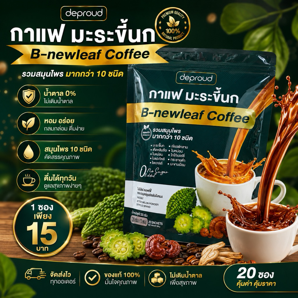 ☕ กาแฟมะระขี้นก B-newleaf Coffee กาแฟสมุนไพรเพื่อคนรักสุขภาพ หอม อร่อย ดื่มง่าย พร้อมสมุนไพรมากกว่า 10 ชนิด