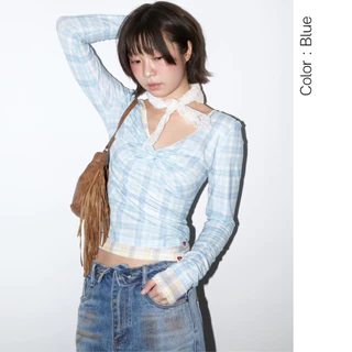 AMUSE BKK - Remy Top เสื้อซีทรูลายสก็อตทรงเข้ารูป ดีไซน์ม้วนอกวีหน้า ด้านหลังร้อยเชือกผูก สไตล์ชิคๆ
