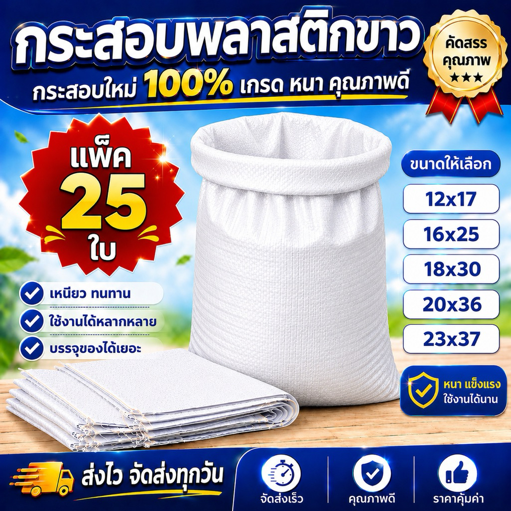 ส่งทุกวัน (แพ็ค 25 ใบ) กระสอบใหม่สีขาว ราคาโรงงาน สำหรับใส่น้ำตาล ข้าวสาร