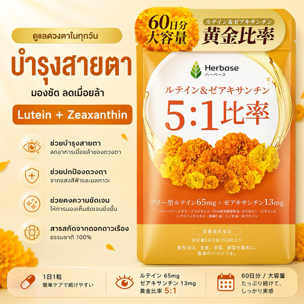 (สินค้าพร้อมส่ง) Herbase บำรุงสายตา ลูทีน 65 mg ซีแซนทีน 13 mg มี Fish Oil + Krill Oil Lutein Zeaxanthin