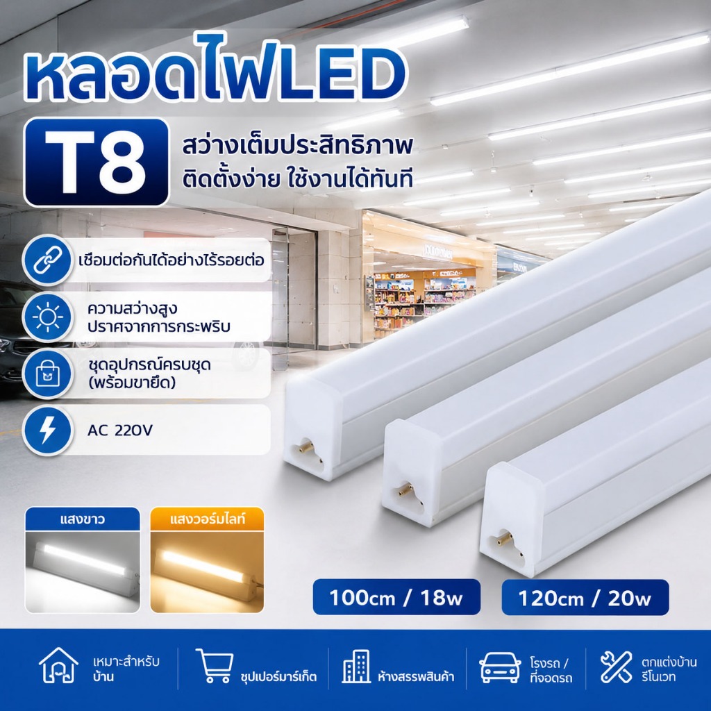 หลอดไฟติดผนัง LED หลอดไฟนีออน 18W 20W T8 ชุดรางแอลอีดี หลอดยาว LED ขนาดเล็ก led super silm batten 6500K ประหยัดพลังงาน