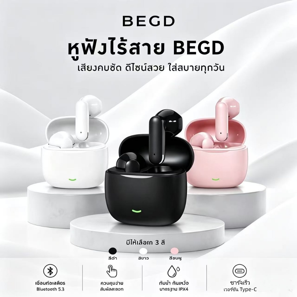 หูฟังบลูทูธBluetooth 5.4 แบตฯ 30 ชั่วโมง ชาร์จไว Type-C 1.5 ชม. กันน้ำ IPX5 ดรัม12มม.เสียง Hi-Fi เบสหนัก ควบคุมสัมผัส