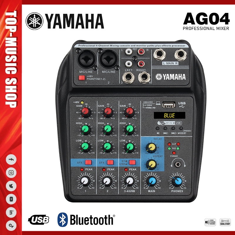 YAMAHA AG04 เครื่องมิกซ์เสียง, เหมาะสำหรับใช้ในบ้าน, สำหรับการแสดงบนเวที, มีช่อง USB/บลูทูธ และฟังก์ชันเสียง