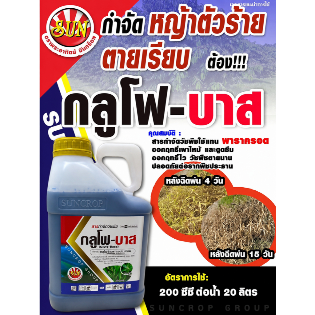 กลูโฟบาส 4 ลิตร กลูโฟสิเนต น้ำเข้ม กำจัดวัชพืชน๊อคกึ่งดูดซึม ในไร่มัน อ้อย  สวนผลไม้ สวนยาง ปลอดภัยต่อพืชประธาน
