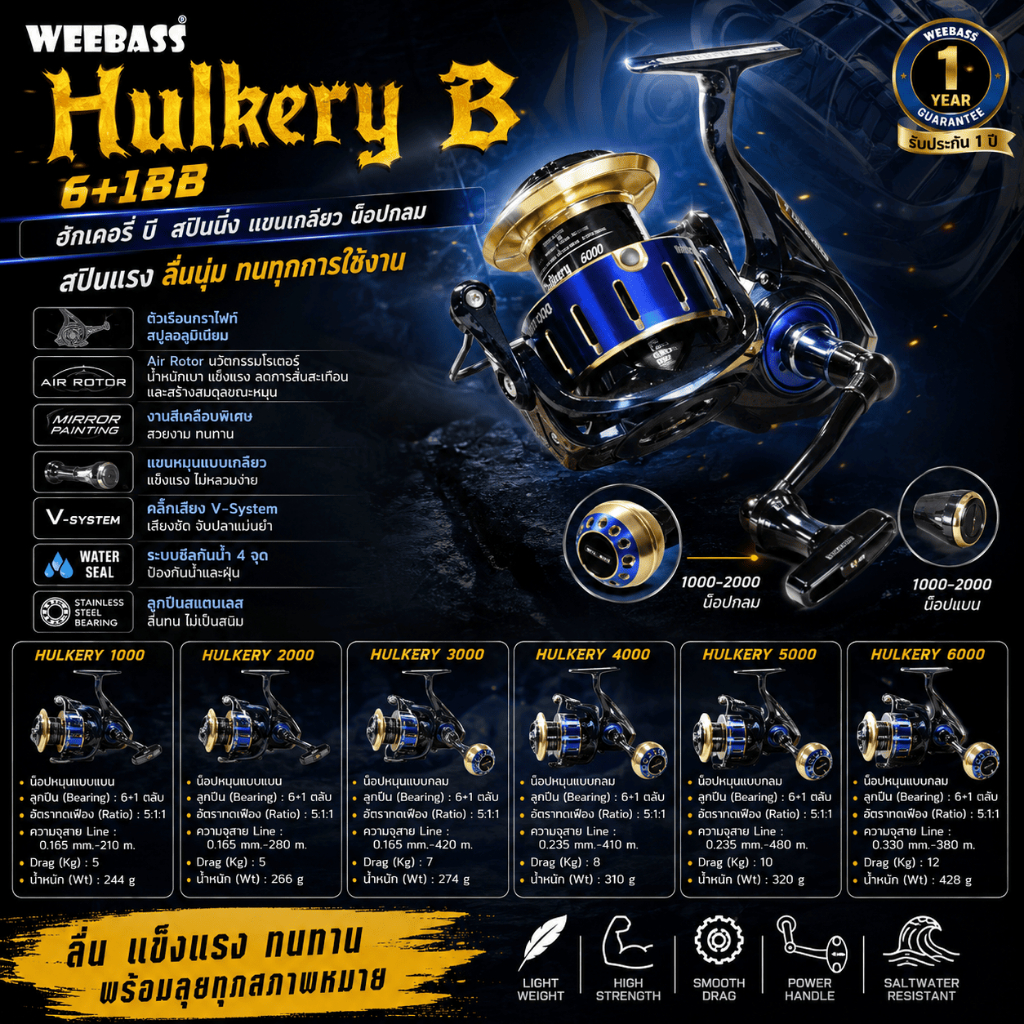 [ ของแท้ ] รอกสปิน WEEBASS HULKERY B ฮักเคอรี่ บี 6+1BB น็อปกลม แขนเกลียว