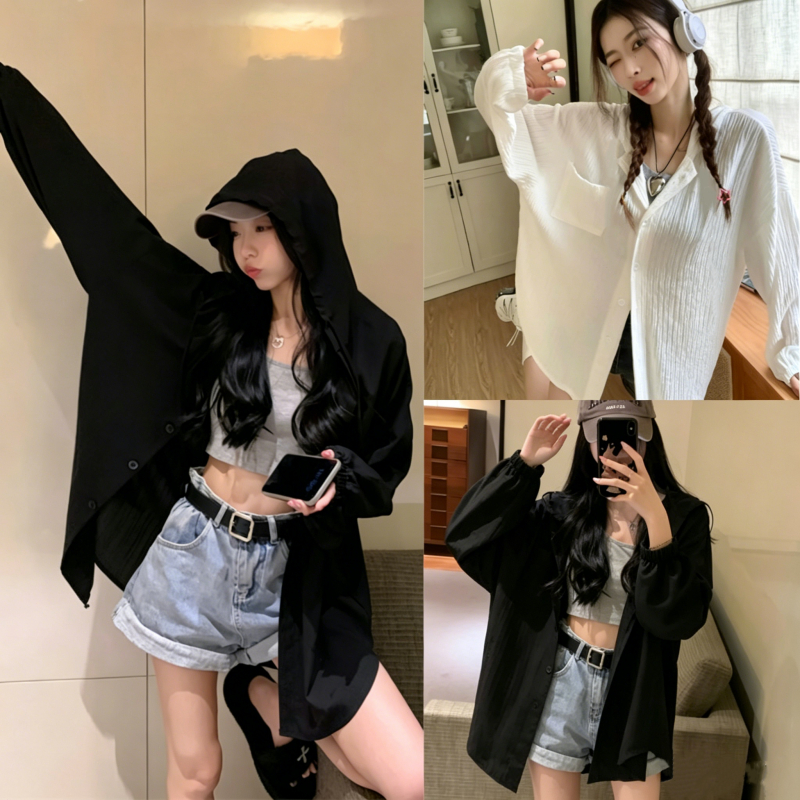 Bella Shop  เสื้อแจ็คเก็ตสไตล์ขี้เกียจหลวมผู้หญิงฤดูใบไม้ร่วงมีฮู้ดบางด้านบน เตรียมจัดส่ง