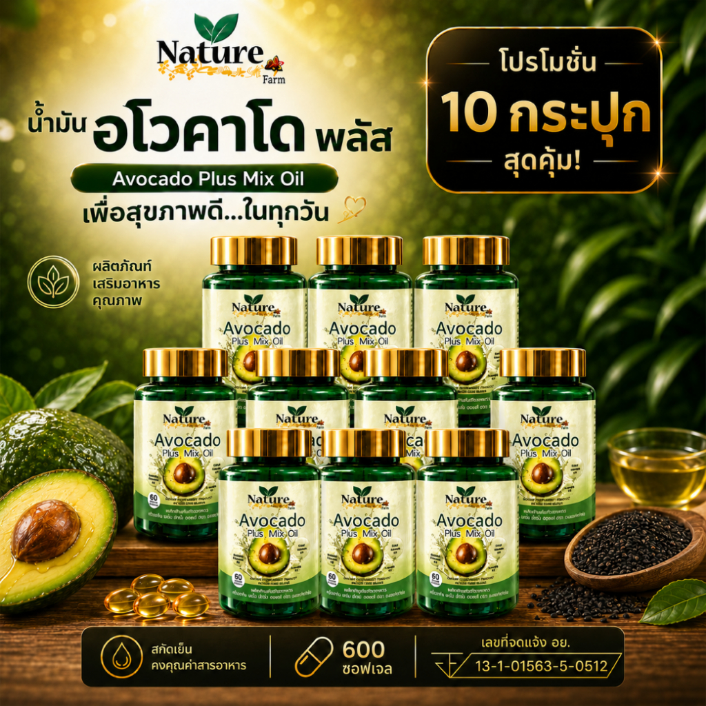 เซตน้ำมันอโวคาโด พลัส 10 กระปุก 1กระปุก60ซอฟเจล คุ้มมาก เม็ดซอฟเจลทานง่าย สูตรสกัดเย็น Nature Farm สินค้าพร้อมส่ง