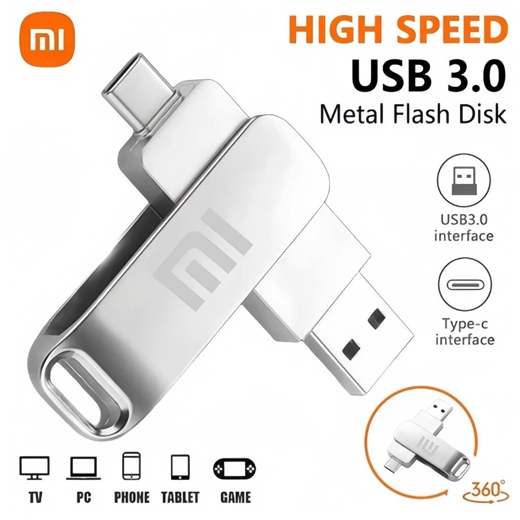 แฟลชไดร์ฟ Xiaomi 2TB 3-in-1 OTG USB3.0 หัว Type-C หมุนได้ 360 องศา รองรับมือถือคอมพิวเตอร์