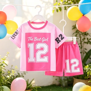[พร้อมส่งในไทย] เชุดกีฬาเด็กสาว 2ชิ้น สีชมพูม่วง ผ้าตาข่าย ระบายเหงื่อ สไตล์สปอร์ต