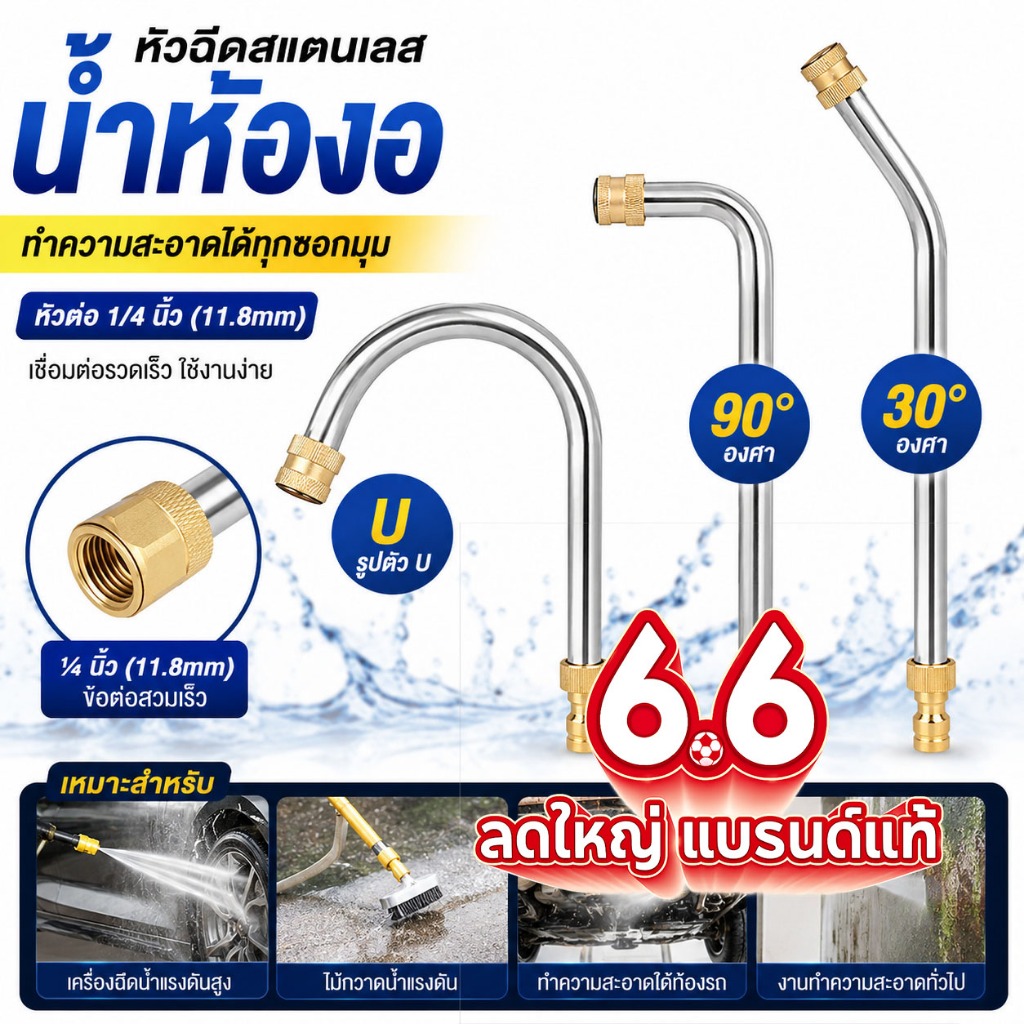 หัวฉีดล้างแอร์ 1/4 หัวปืนฉีดน้ำแรงดันสูง ข้อต่อขยายสแตนเลส (30°/90°/U-Shape) 15cm/35cm สำหรับปั๊มแรงดันสูง 5000PSI