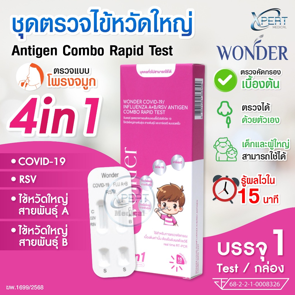 Wonder ชุดตรวจหาเชื้อ 4in1 โควิด/ไข้หวัดใหญ่ เอ,บี/RSV ชุดตรวจไข้หวัดใหญ่ ใช้ได้ทั้งเด็กและผู้ใหญ่ A