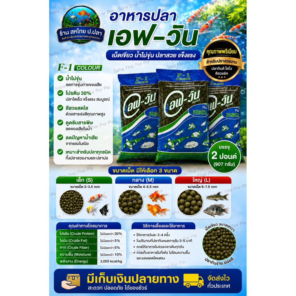 อาหารปลาสวยงาม F-1 Colour เม็ดเขียว เหมาะสำหรับปลาสวยงามทุกชนิด บรรจุ 2ปอนด์(907กรัม)