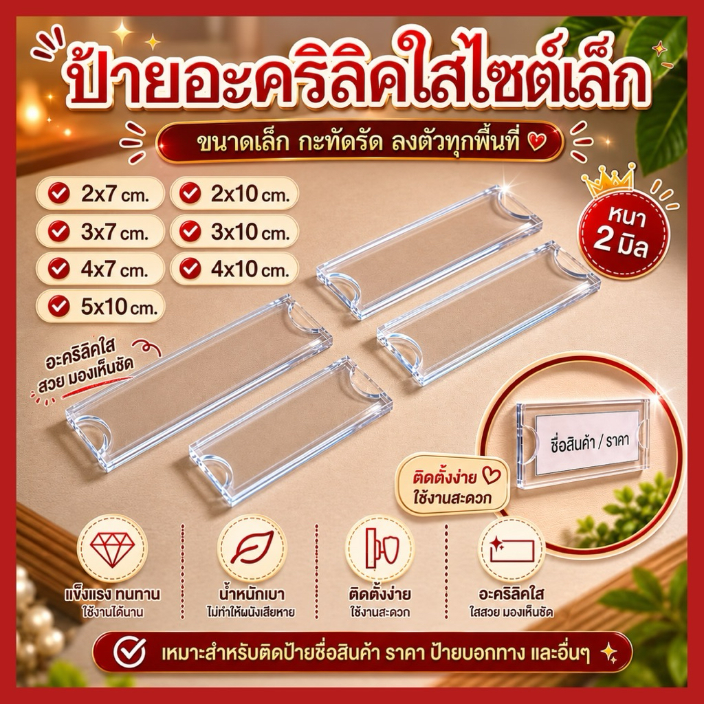 ป้ายอะคริลิคใส่ชื่อ ใส่ราคา หนา2มิล 2x7cm./2x10cm./3x10cm./4x10cm./5x10cm.