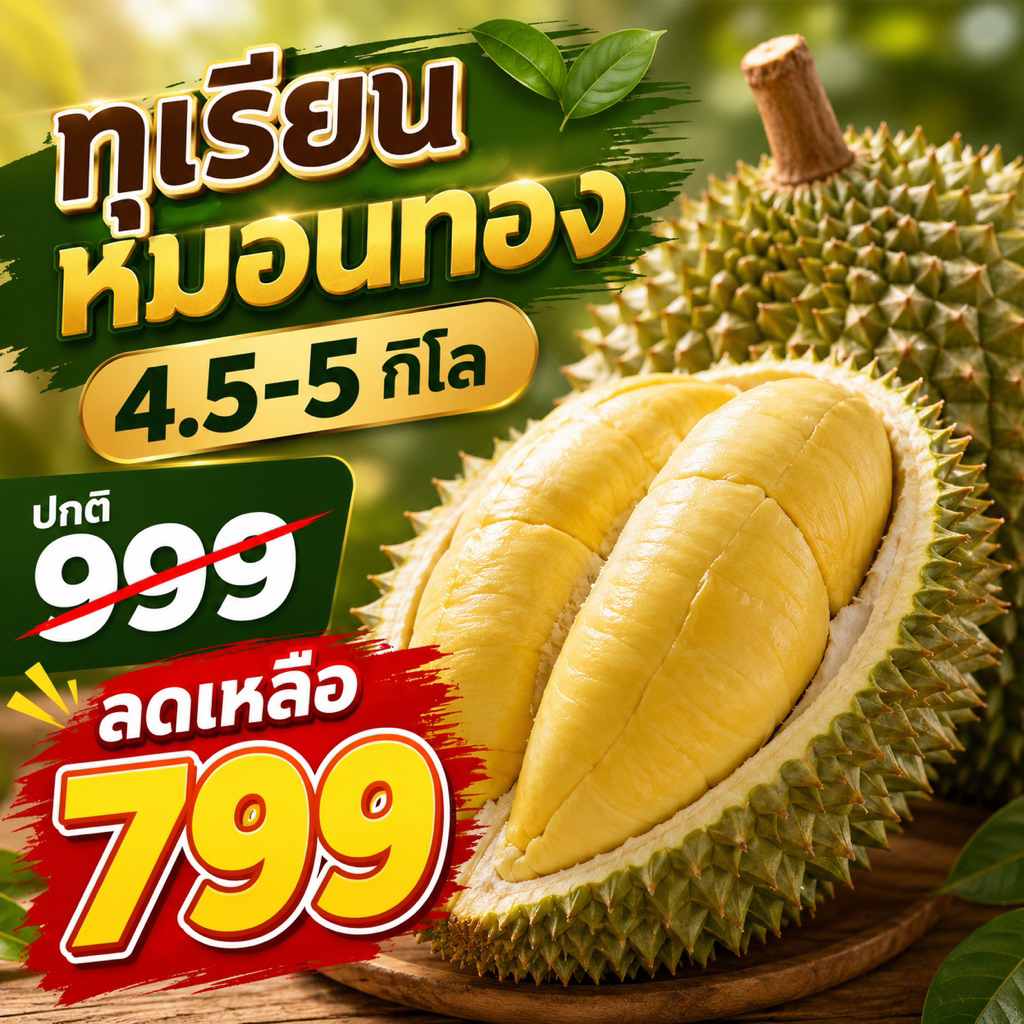 🔥ส่งฟรี‼️👍🏻ทุเรียนหมอนทอง1กล่องโปร999.-✅4.5-5kg.(1-3ลูก)ตัดแก่สดจากสวนจันทบุรี