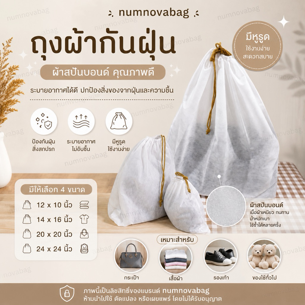 ถุงผ้ากันฝุ่นผ้าสปันบอนด์ สุดคุ้ม สีขาว ผ้าสปันบอนด์ ใส่กระเป๋า เสื้อผ้า รองเท้า