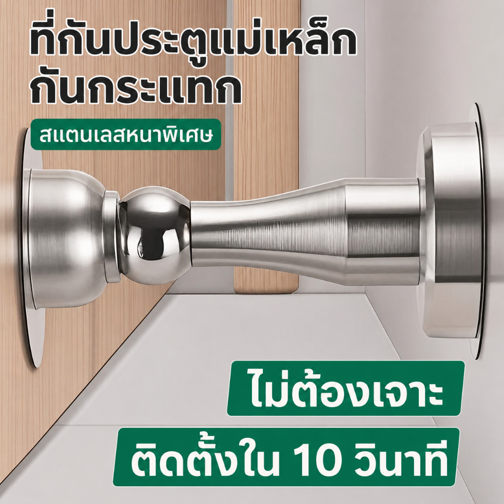ที่กั้นประตูแม่เหล็กสแตนเลส 2.0 ตัวดูดประตูแรงสูง กันกระแทก ติดพื้น/ผนัง ไม่ต้องเจาะ พร้อมกาวและสกรู