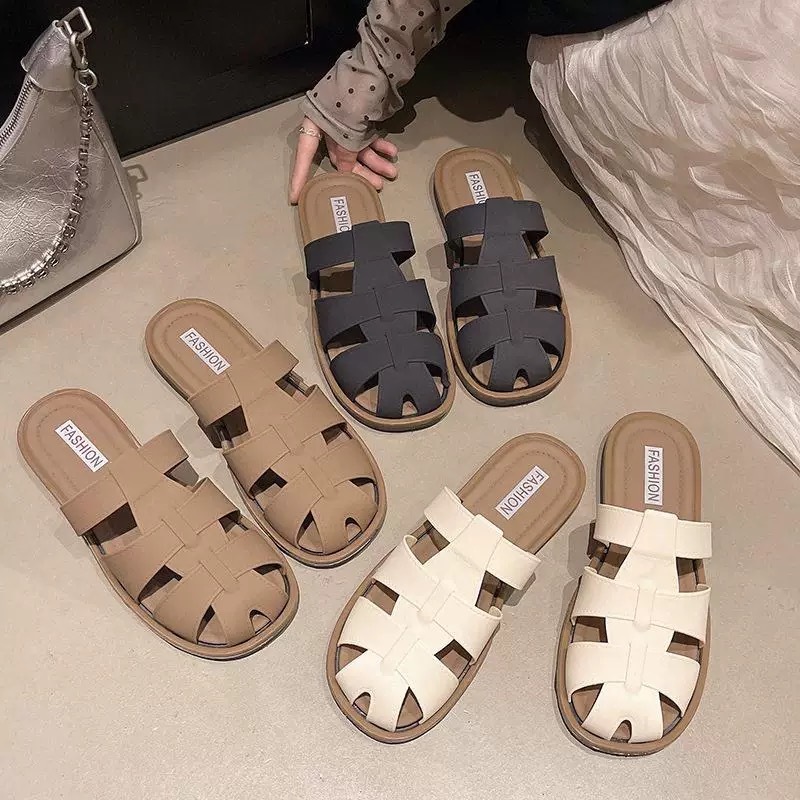 พร้อมส่งจากไทย【2606】รองเท้าแตะแบบสวม วินเทจ ขาว  ดำ น้ำตาล พื้นแบนเปิดส้นวินเทจ
