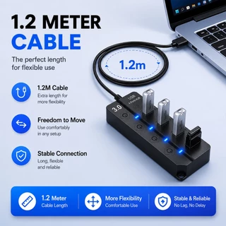 USB Hub 3.0 4 Ports พร้อมสวิตช์แยก สายยาว 1.2m ความเร็วสูง 5Gbps สำหรับ Laptop PC