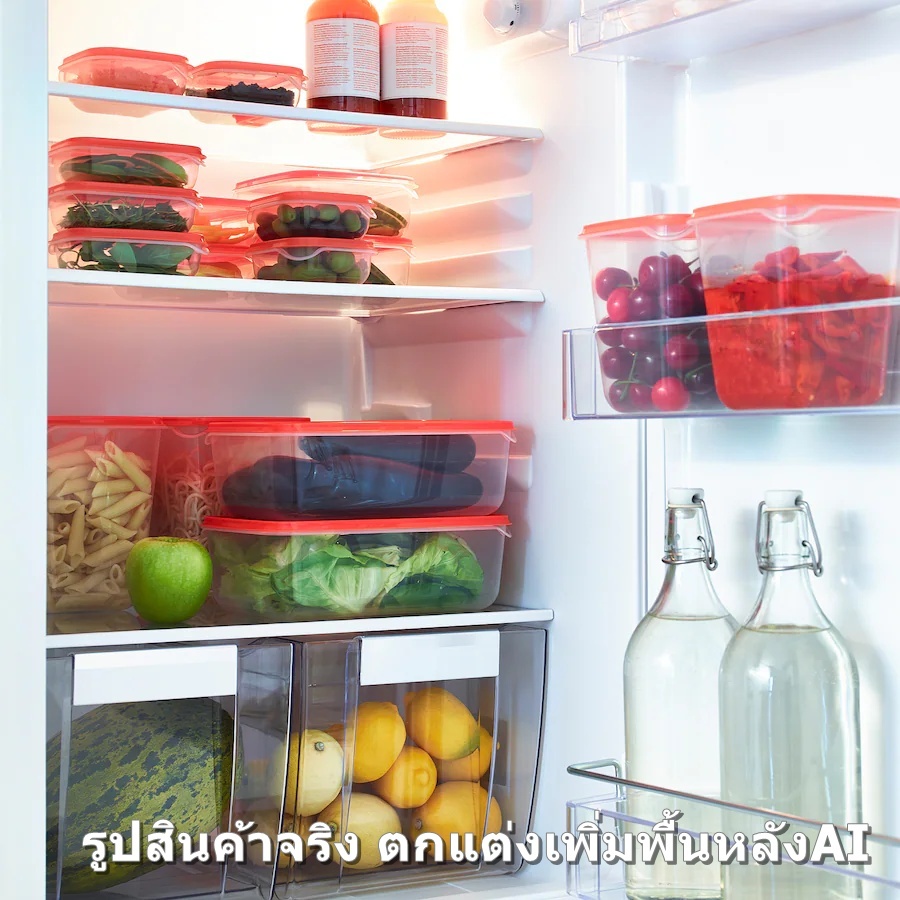 IKEA PRUTA พรูทต้า ชุดกล่องอาหาร 17 ชิ้นใส ร้อนเย็น แช่ในช่องแข็ง เข้าไมโครเวฟได้ สีเขียว สีส้ม