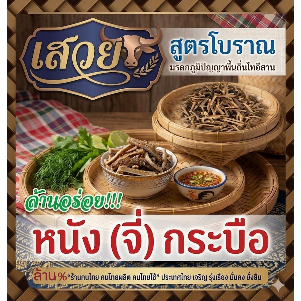 หนังควายจี่ [100กรัม] มรดกภูมิปัญญาพื้นถิ่นไทอีสาน สูตรโบราณล้านอร่อย!"ร้านคนไทยคนไทยทำคนไทยกิน" ไทยเจริญ มั่นคง ยั่งยืน