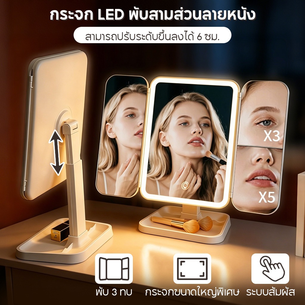 กระจกแต่งหน้า LED แบบพับได้พร้อมไฟส่องสว่าง กระจกแต่งหน้าแบบพับได้พร้อมไฟเสริม เหมาะสำหรับเป็นของขวัญให้ผู้หญิง