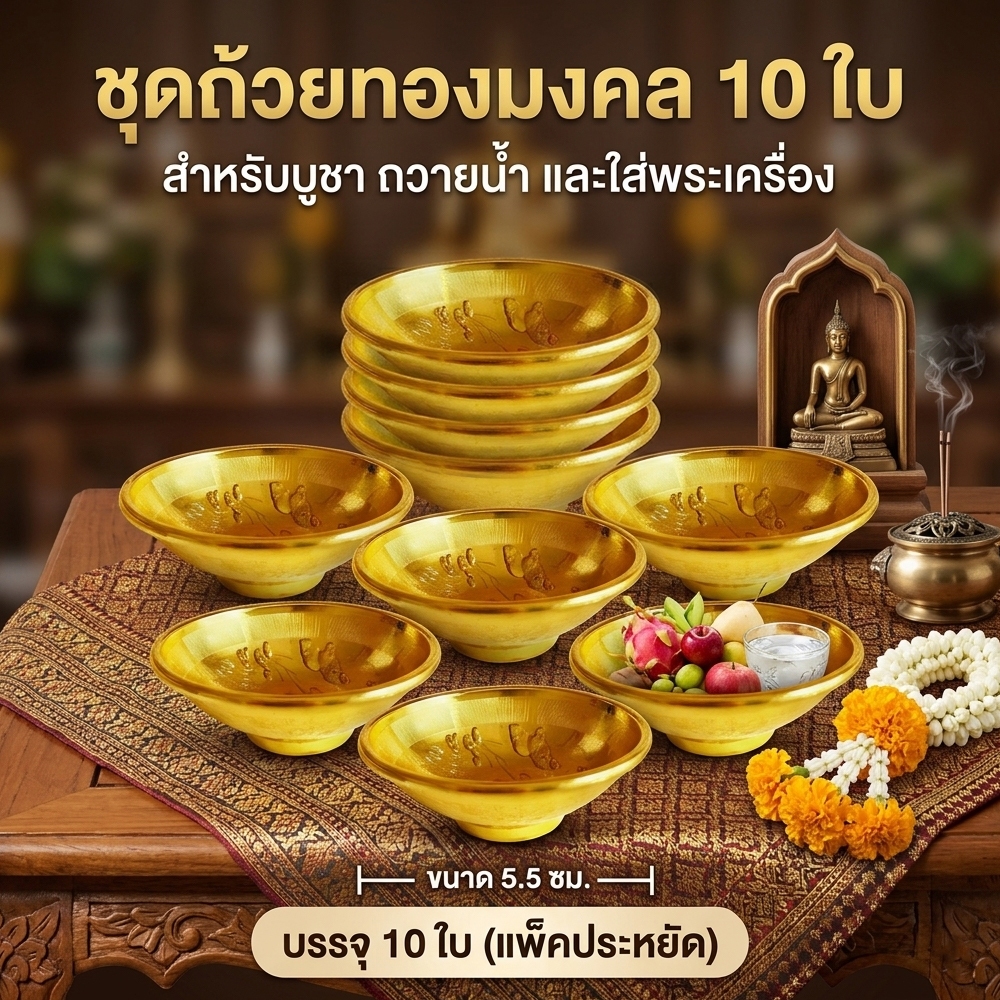 ขันทองโลหะผสม ลายไทย ขนาด 5.5 ซม. ชุด 10 ใบ สำหรับบูชา ถวายน้ำ ใส่พระเครื่อง เสริมสิริมงคล