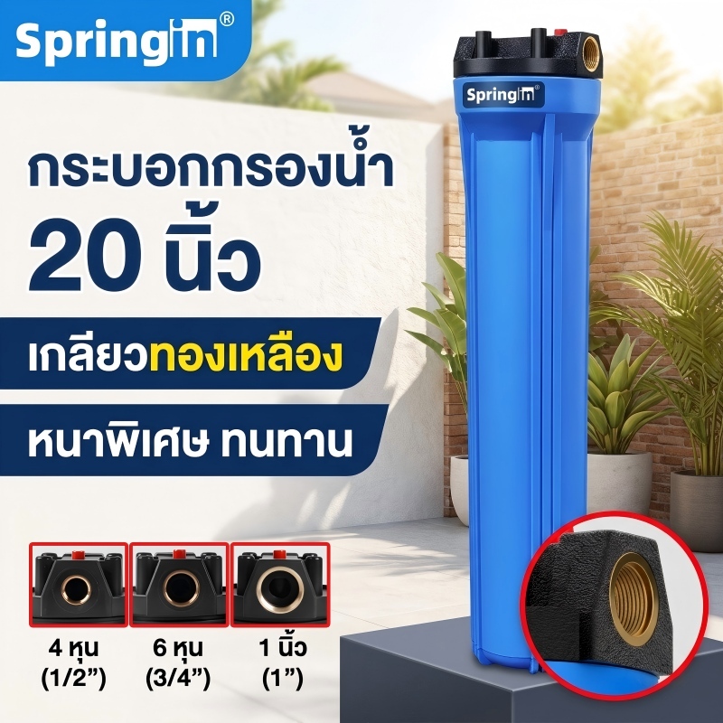กระบอกกรองน้ำ 20นิ้ว สีน้ำเงิน 4หุน/6หุน/1นิ้ว เกลียวทองเหลือง แบบหนาพิเศษ ป้องกันการรั่วซึม แถมฟรี! ชุดอุปกรณ์