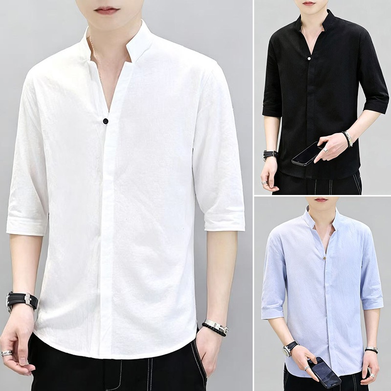 พร้อมส่งจากไทย เสื้อเชิ้ตคอจีน แขนสามส่วน เสื้อเชิ้ตผู้ชาย สีพื้น ทรงเข้ารูป กาหลี ผลิตจากผ้ายืดได้สี่ทิศทาง #N2041