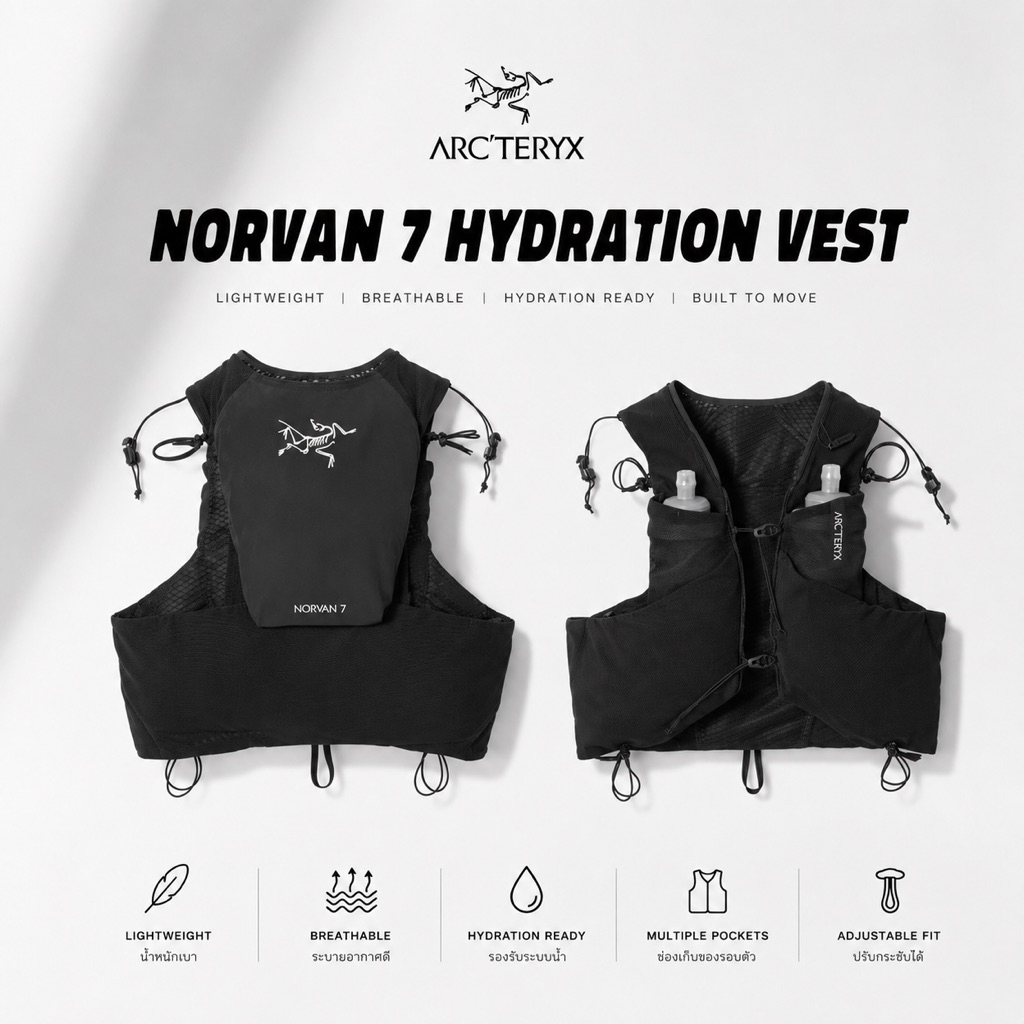 (พรีออเดอร์ ส่งใน 18 วัน) มีทั้งไซส์ชายและหญิง เป้น้ำ Arc’teryx Norvan 7L  Hydration Vest สีเขียวและดำ - Arcteryx